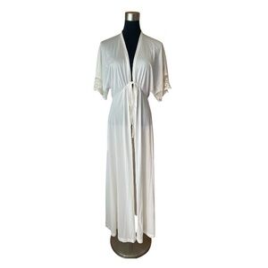 Vintage 80s/90s White Long Robe Dress Embroidered Flared Sleeve Detail XS-M
